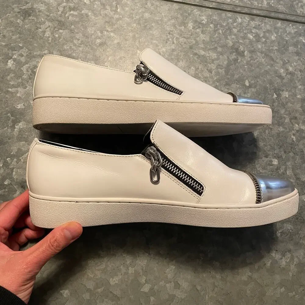 Michael Kors Grayson Slip On Leather Sneakers Shoes 8.5 White Metallic Gray Zip